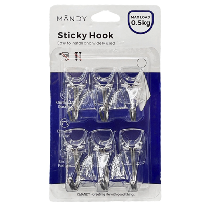 MANDY Transparent Self Adhesive Sticky Hook Small 6PC/PACK UP TO 0.5KG Load